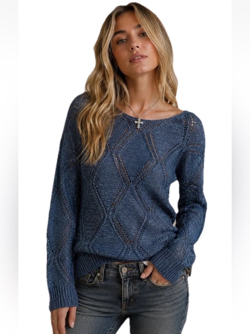 Soho New York & Company Sparkle Sequin Open Knit Sweater Sz M Diamond Pointelle